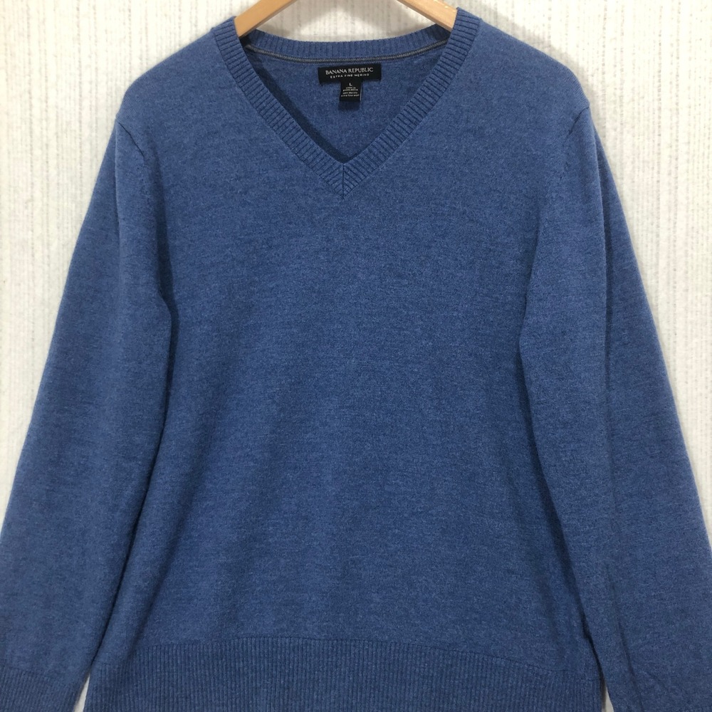 Banana Republic Merino‎ Wool V-Neck Sweater Soft Knit Blue Mens Size Large